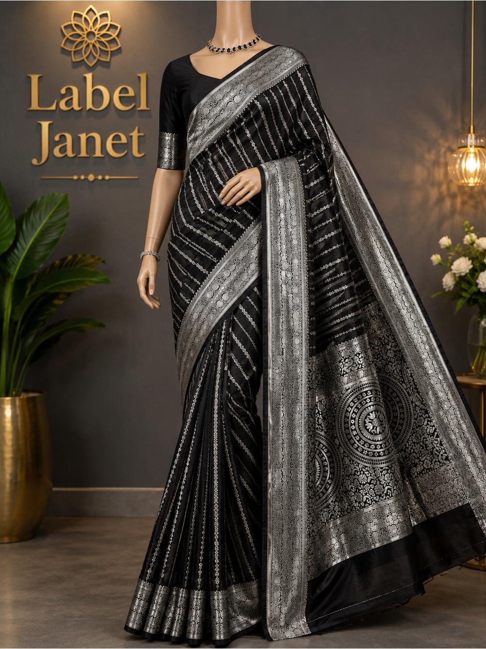 Black & Silver Woven Saree with stitched blouse(Brand new)
